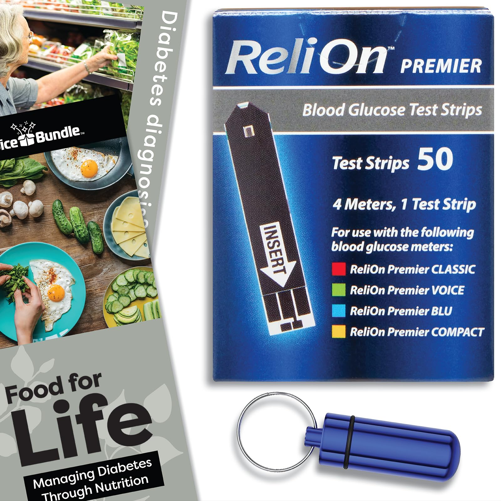 ReliOn Reli On Premier Blood Glucose Test Strips 50 Ct Choice Bundle | + Food for Life Guide & Portable Pill Container (3 Items)!