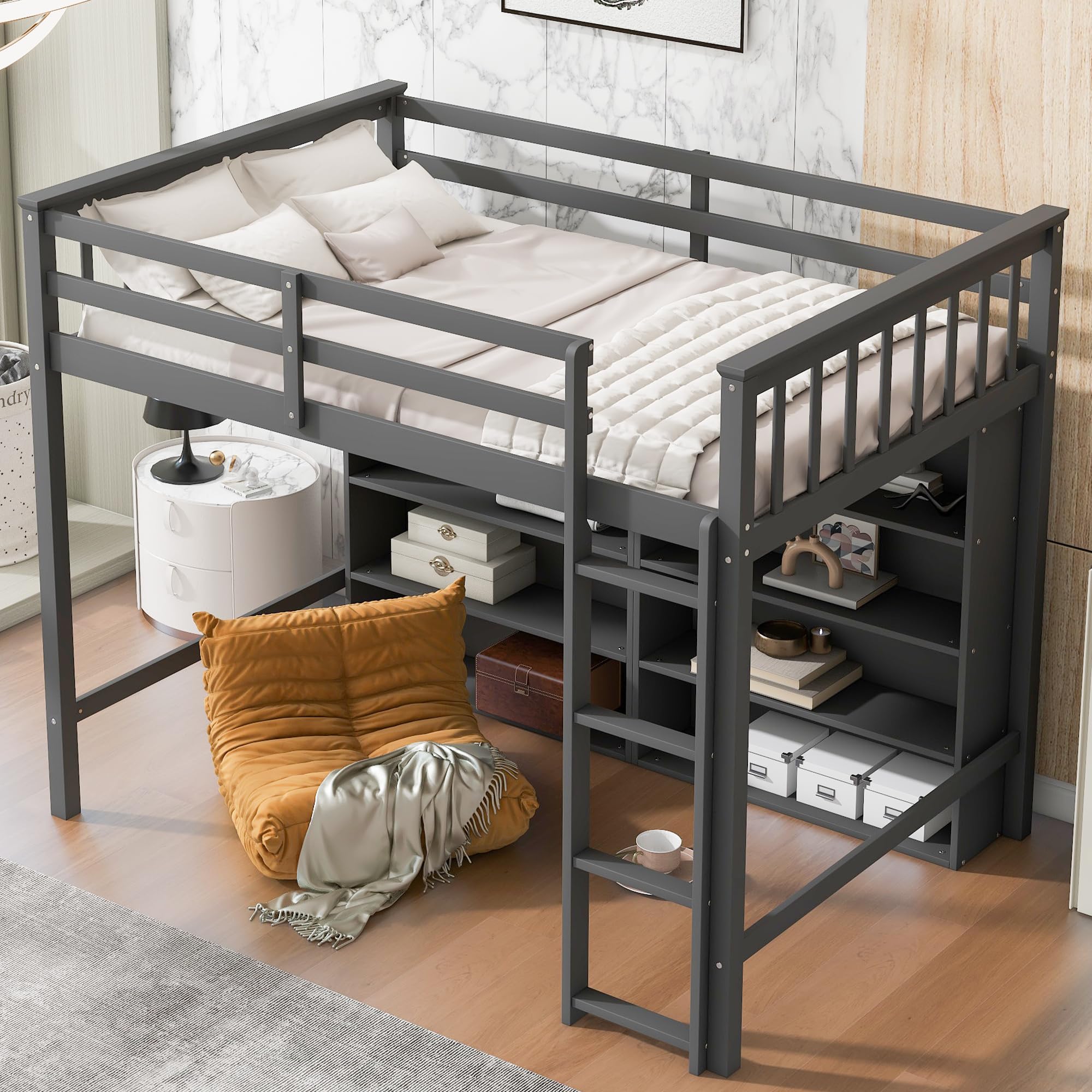 Harper & Bright Designs Twin Size Loft Bed with Storage, Wooden Loft Bed Frame with 8 Open Storage Shelves and Built-in Ladder, Gray