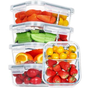 bayzz 35 oz glass meal prep containers 2 compartments, 5 packs glass food storage containers with lids, glass bento lunch box-dishwasher, freezer & microwave safe