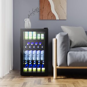 KOTEK Mini Beverage Fridge, 120 Cans Freestanding Beer Fridge with Glass Door, Removable Shelves, LED Lights & Temperature Control, Beverage Refrigerator for Bedroom Home Bar, 3.2 Cu. Ft