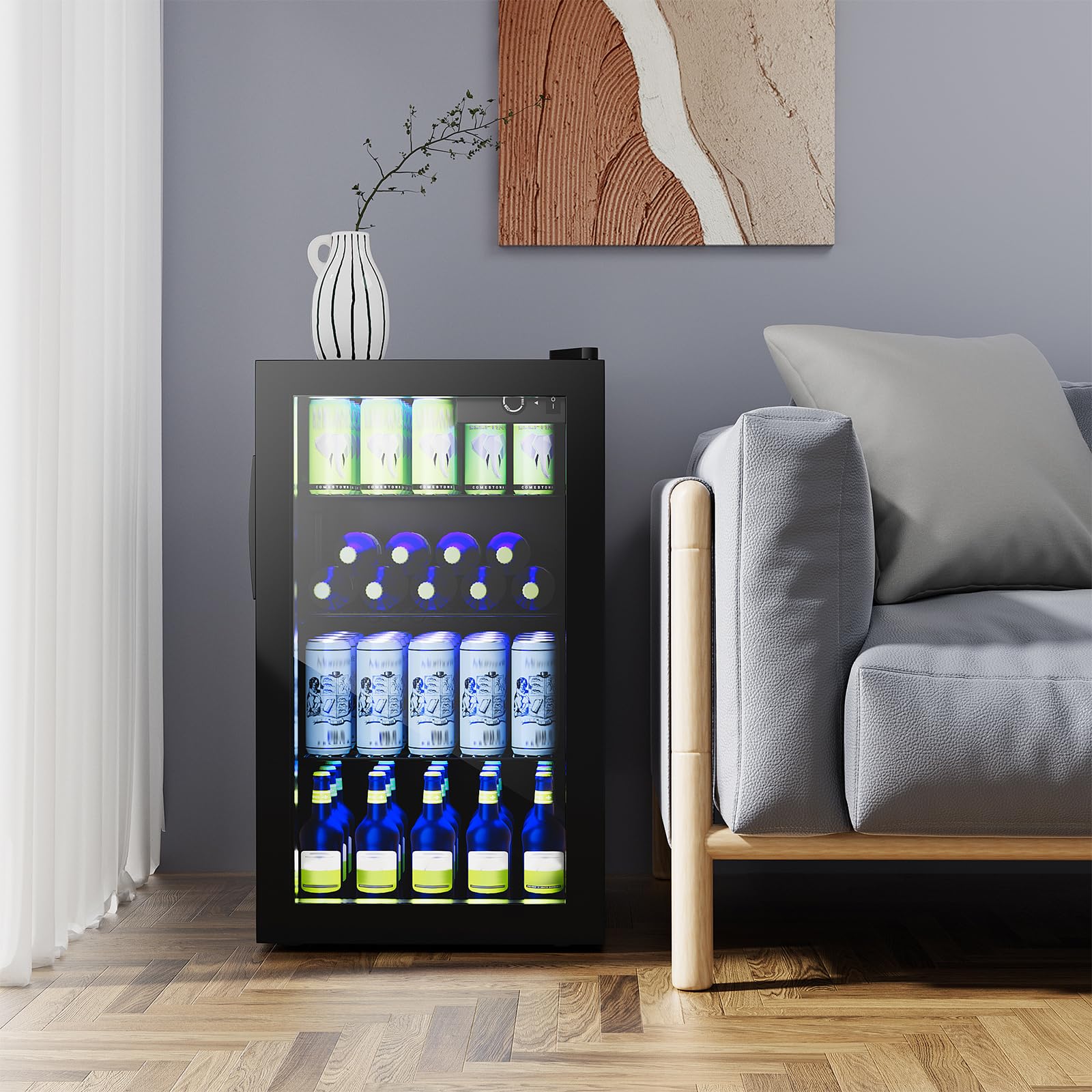 KOTEK Mini Beverage Fridge, 120 Cans Freestanding Beer Fridge with Glass Door, Removable Shelves, LED Lights & Temperature Control, Beverage Refrigerator for Bedroom Home Bar, 3.2 Cu. Ft