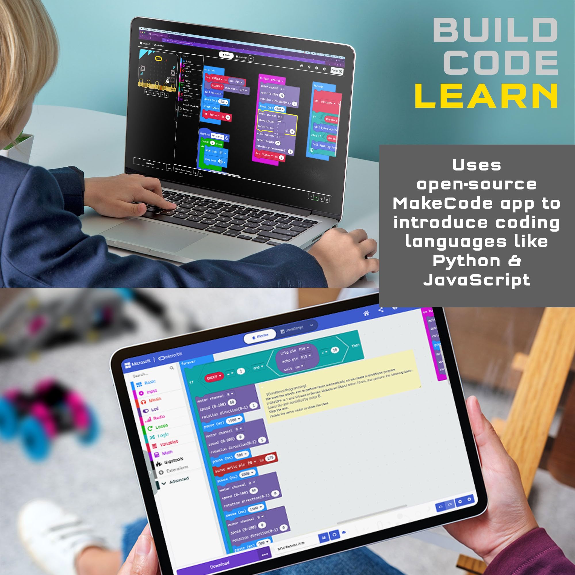 Thames & Kosmos Robotics Workshop with Micro:Bit STEM Experiment Kit, Creative, Educational Coding & Programming Curriculum for Home & School Use, Utilizes MakeCode App to Learn Python, Javascript