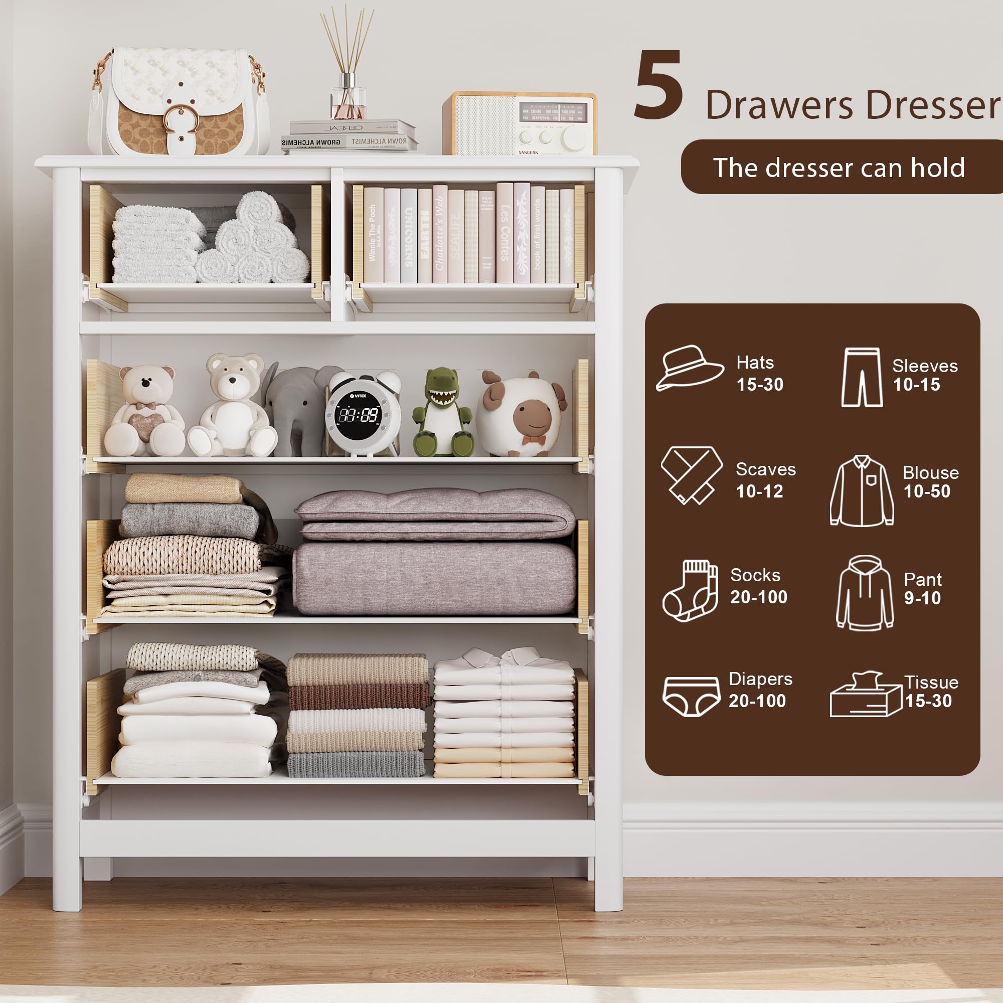 HOUSUIT White Dresser with 5 Drawers, Tall Dresser Chest of Drawers, 5 Drawer Dresser with Deep Space, Wood Dresser Storage Cabinet for Living Room, Hallway, Office, White