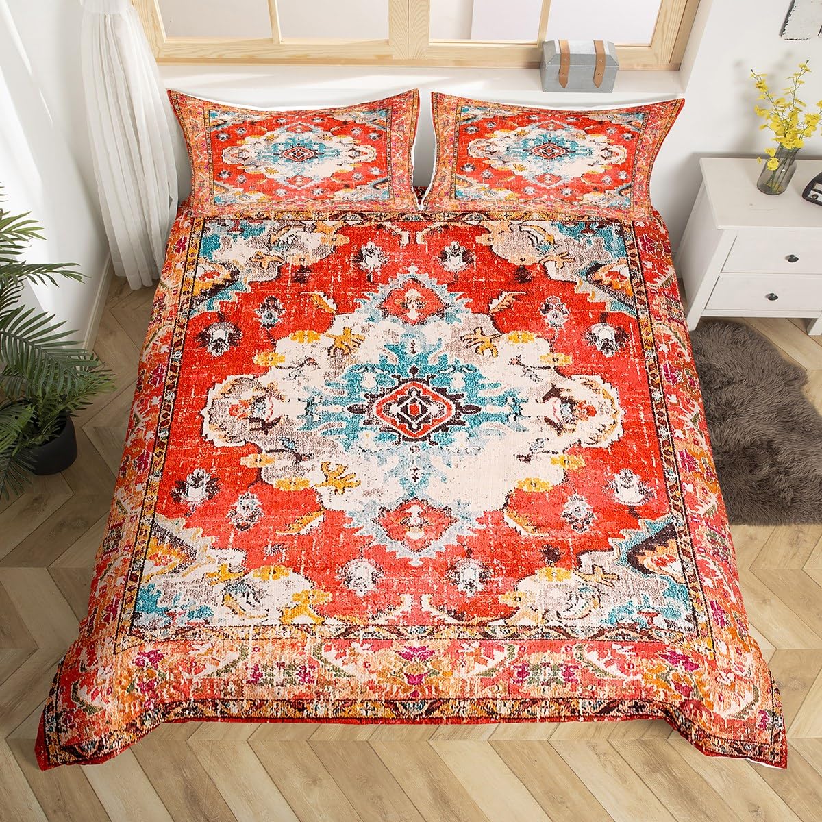 Erosebridal Ethnic Tribal Duvet Cover Queen,Bohemian Flower Bed Set for Girls Women Teens,Distressed Bedding Boho Medallion Comforter Cover,Vintage African Style Quilt Cover with 2 Pillow Cases,Red