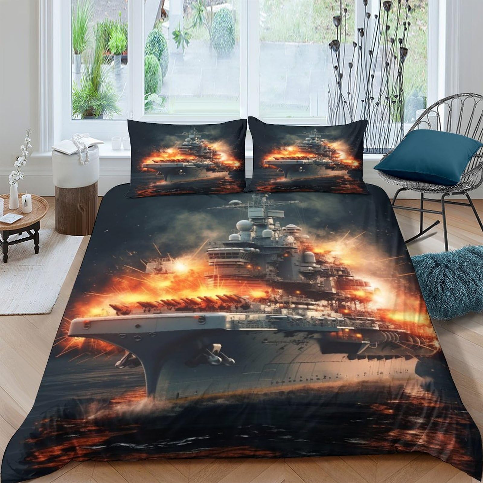 Hypoallergenic Bedding Set Cozy Battleships Comforter Covers 3D Printed Warships Quilt Cover Microfiber Duvet Cover 3 Pieces for Kids and Adults with Pillowcase Twin（173x218cm）