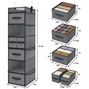 Fixwal 1 Pack 7-Shelf Hanging Closet Organizer, Closet Organization and Storage with 5 Different Drawers, 6 Side Pockets Wardrobe Clothes Organizer for Closet Dark Grey