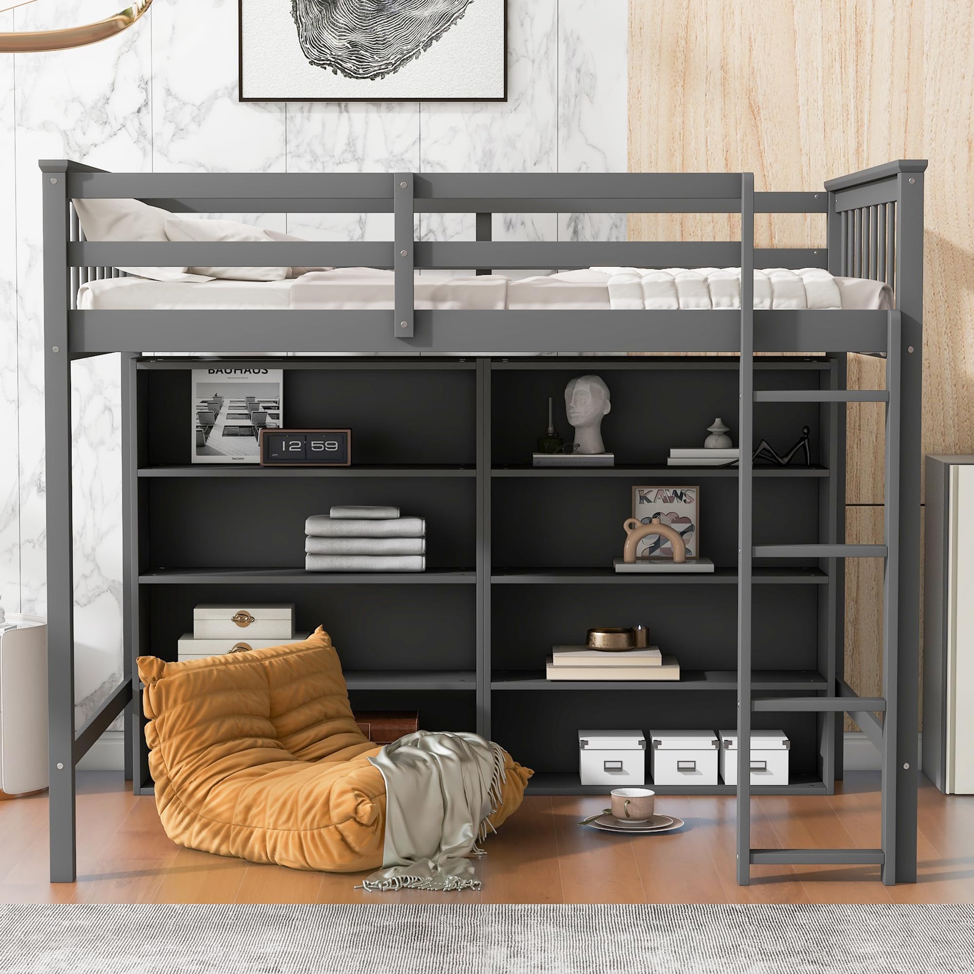 Harper & Bright Designs Twin Size Loft Bed with Storage, Wooden Loft Bed Frame with 8 Open Storage Shelves and Built-in Ladder, Gray