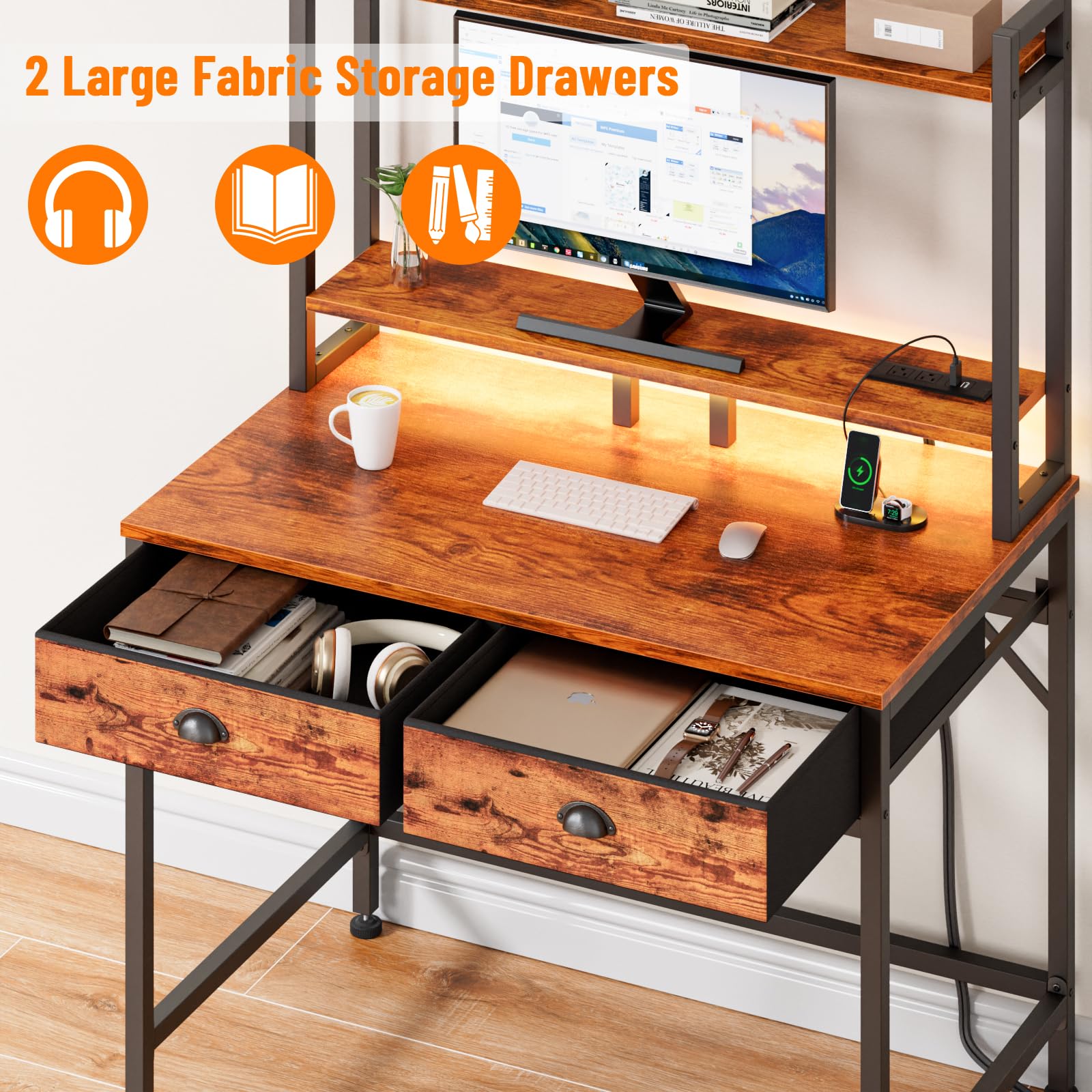 Furologee Small Computer Desk with Drawers, 36 Inch Home Office Desks with Power Outlet and LED Light, Gaming Desk with Monitor Stand, Modern Work/Writing/Study Table for Bedroom, Rustic Brown