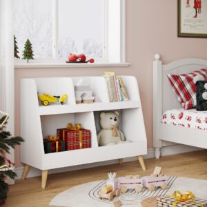 vanomi kids bookshelf, 5 cubbies wooden open toy storage organizer, 2 tier baby bookcase with legs, free standing small bookshelf for nursery, playroom, bedroom and classroom (white)