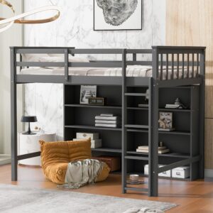 harper & bright designs twin size loft bed with storage, wooden loft bed frame with 8 open storage shelves and built-in ladder, gray