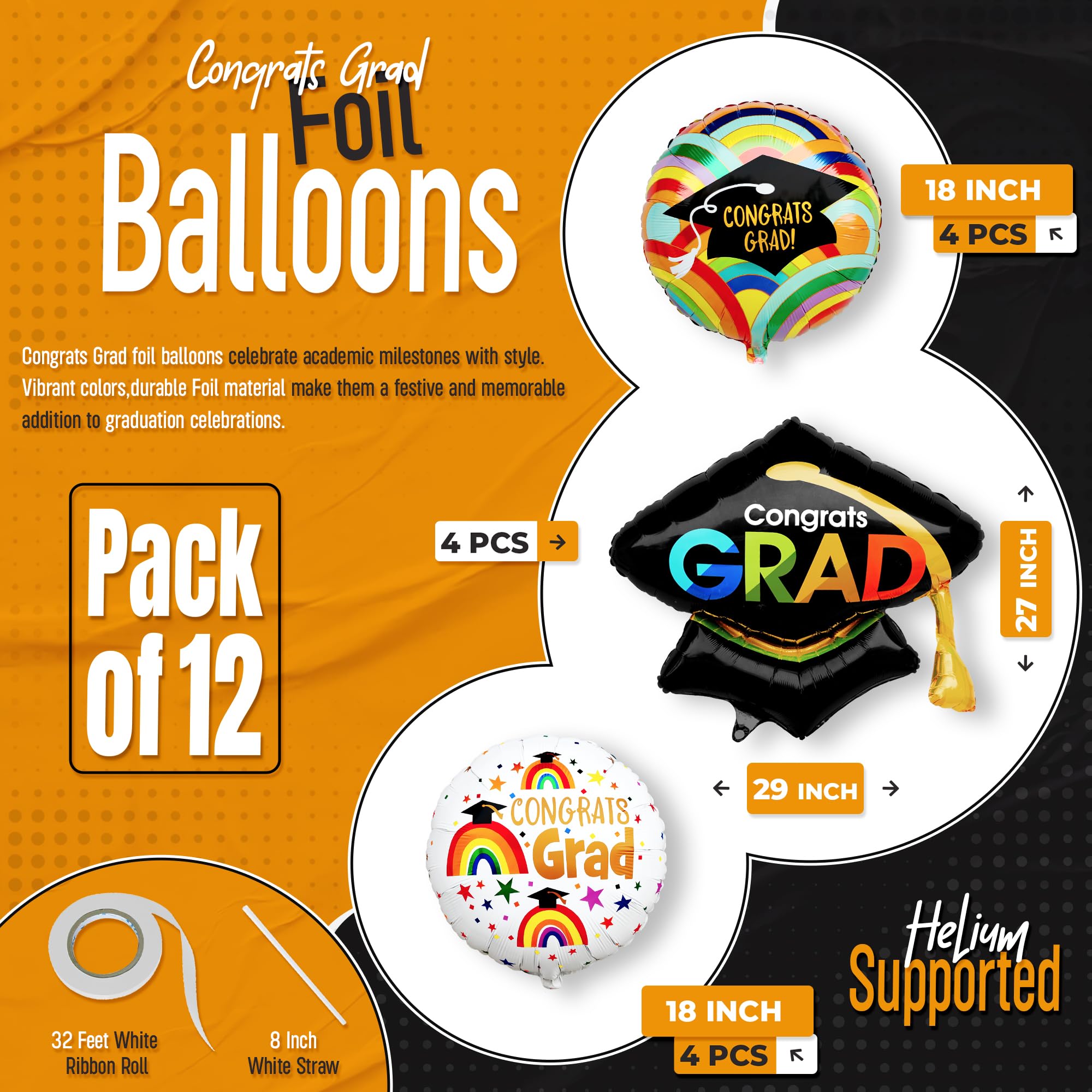 KatchOn, Mylar Graduation Balloons Set - Pack of 12 | Big, 29 Inch, Graduation Cap Balloon, 2024 Graduation Party Decorations | Congrats Grad Balloon, Kindergarten Graduation Decorations Class of 2024