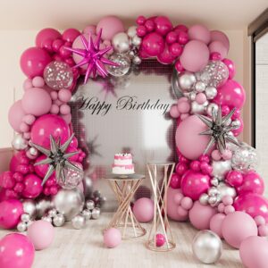 deiiom hot pink silver balloons arch garland kit-macaron pink balloon hot pink explosion star foil balloon 151pcs for princess birthday,graduation,bachelorette,baby shower,christmas party decorations.