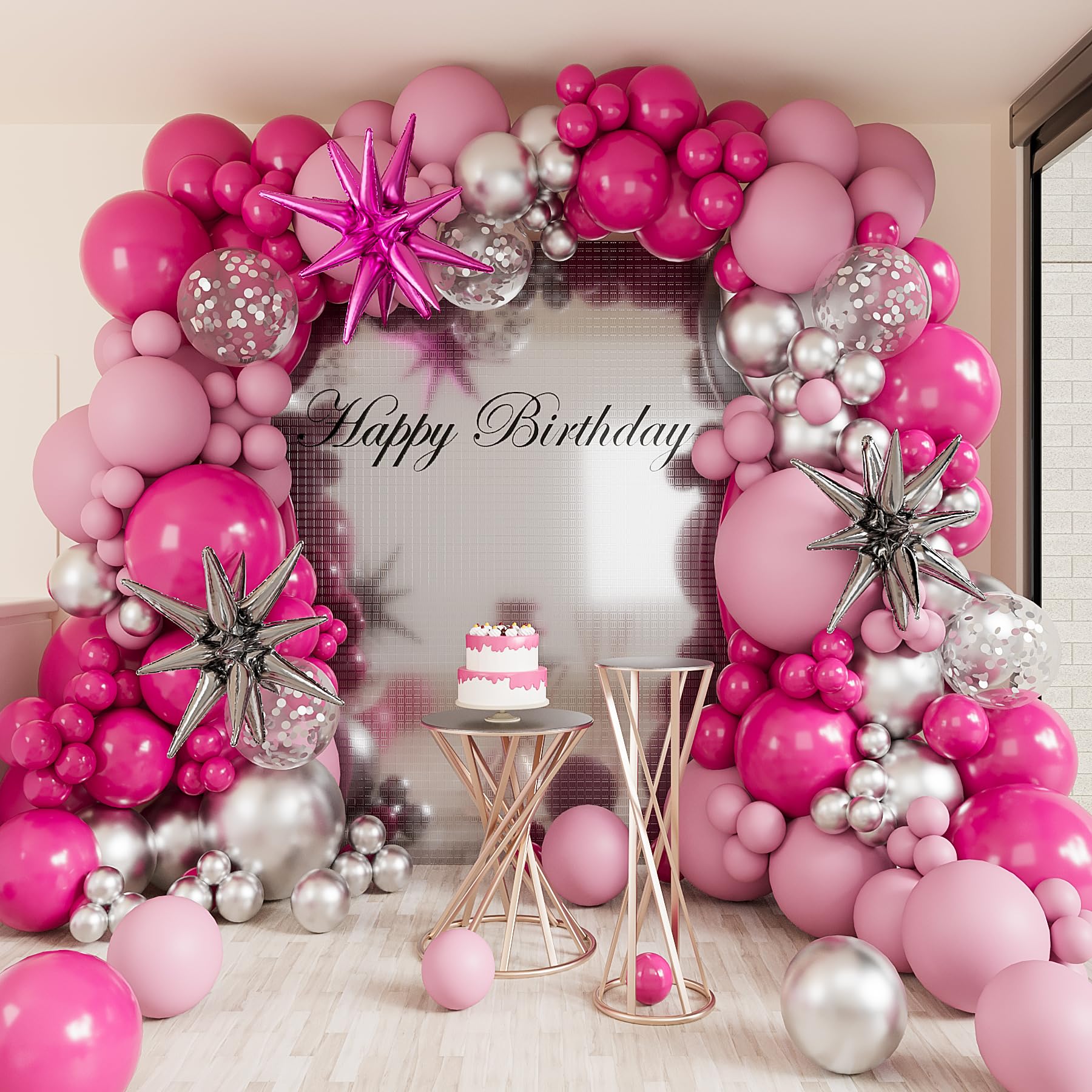 Deiiom Hot Pink Silver Balloons Arch Garland Kit-Macaron Pink Balloon Hot Pink Explosion Star Foil Balloon 151Pcs for Princess Birthday,Graduation,Bachelorette,Baby Shower,Christmas Party Decorations.