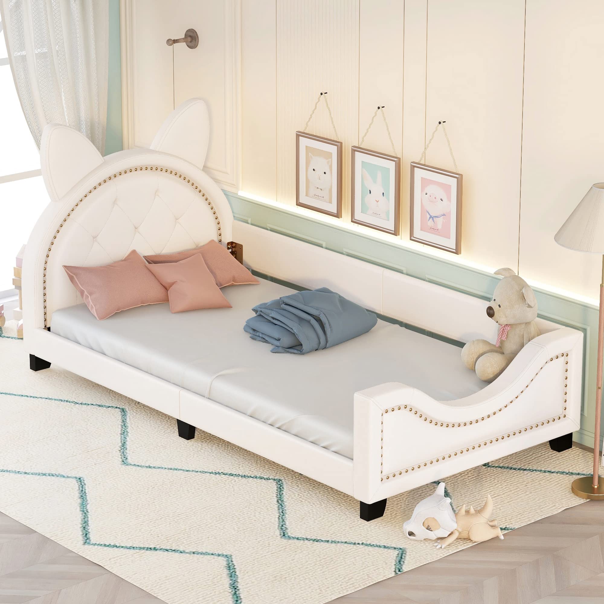 DREAMODERN Kids Twin Bed Frame with Headboard, Wood Cute Platform Bed Frame Upholstered Daybed with Carton Ears Shaped Headboard for Kids Girls Boys No Box Spring Needed - Beige