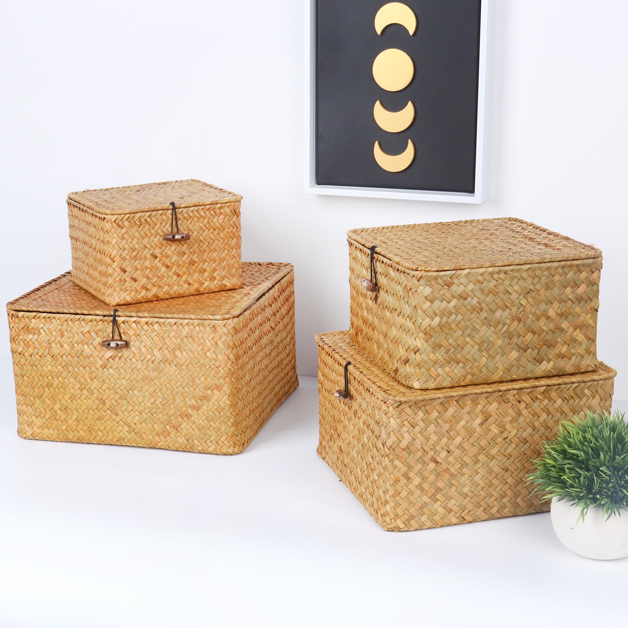 Moosky Wicker Shelf Baskets with Lid, Handwoven Seagrass Storage Basket Bins Square Gift Boxes for Shelves Home Decor Organizer (Natural, X-Small)