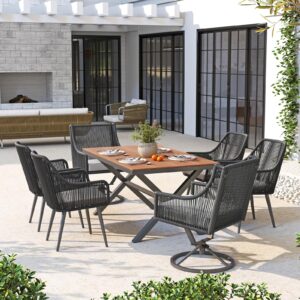 Patiorama Outdoor Swivel Dining Chairs Set of 6, Patio Wicker Dining Chairs, All-Weather Twisted PE Rattan Chairs, Outside Metal Swivel Chair with Cushion for Lawn Garden Backyard, Black/Light Gray