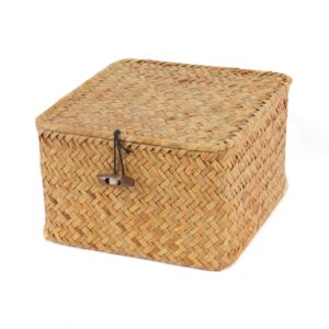 moosky wicker shelf baskets with lid, handwoven seagrass storage basket bins square gift boxes for shelves home decor organizer (natural, x-small)