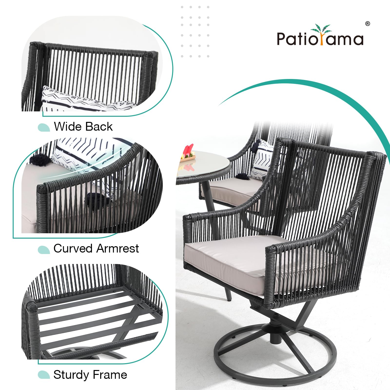 Patiorama Outdoor Swivel Dining Chairs Set of 6, Patio Wicker Dining Chairs, All-Weather Twisted PE Rattan Chairs, Outside Metal Swivel Chair with Cushion for Lawn Garden Backyard, Black/Light Gray