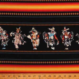 elizabeth studios cotton pride pow wow dancers tribal native american southwestern black cotton fabric print by the yard (32003black), 44 inches