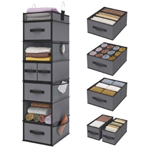 fixwal 1 pack 7-shelf hanging closet organizer, closet organization and storage with 5 different drawers, 6 side pockets wardrobe clothes organizer for closet dark grey