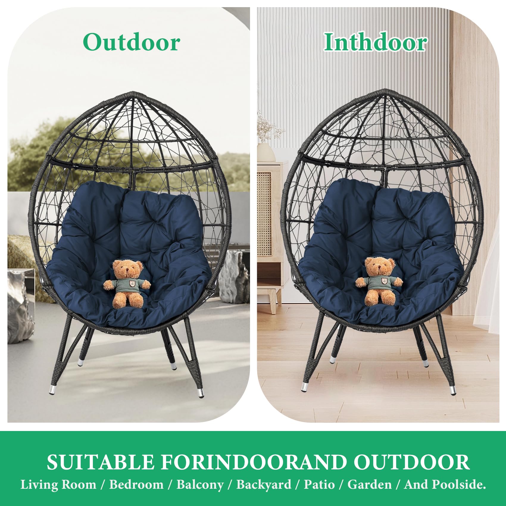 Temminkii Outdoor Patio Wicker Egg Chair Oversived Indoor Basket Rattan Chair with Stand,4''Cushion 410bls Capacity for Backyard Balcony Bedroom (Blue)