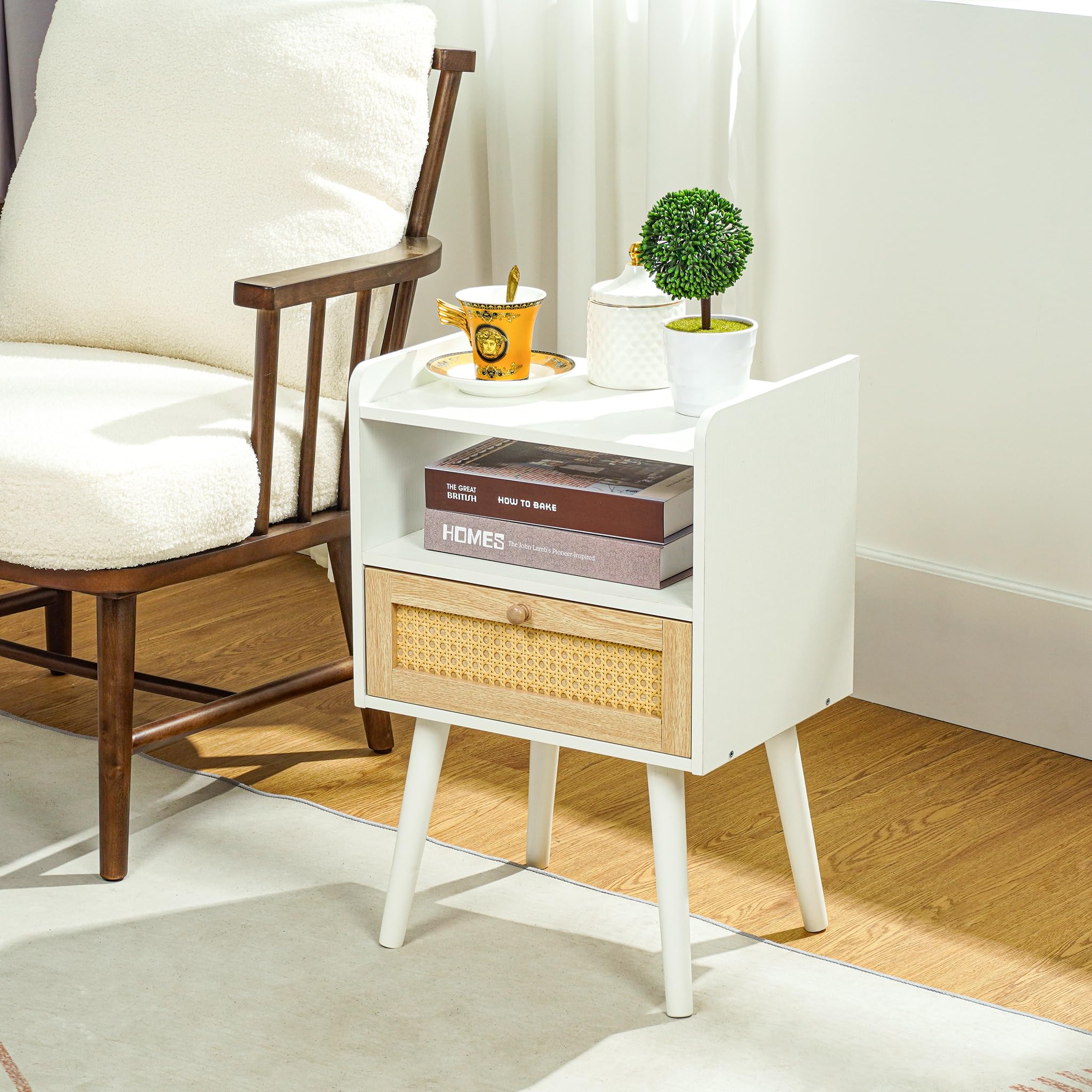 RKVPCNE Rattan Nightstand Night Stands Bedside Table, Boho Nightstands Natural Wood Nightstand End Tables with Solid Wood Legs & Drawer, Open Storage Shelf Side Tables Bedroom Small Space, White