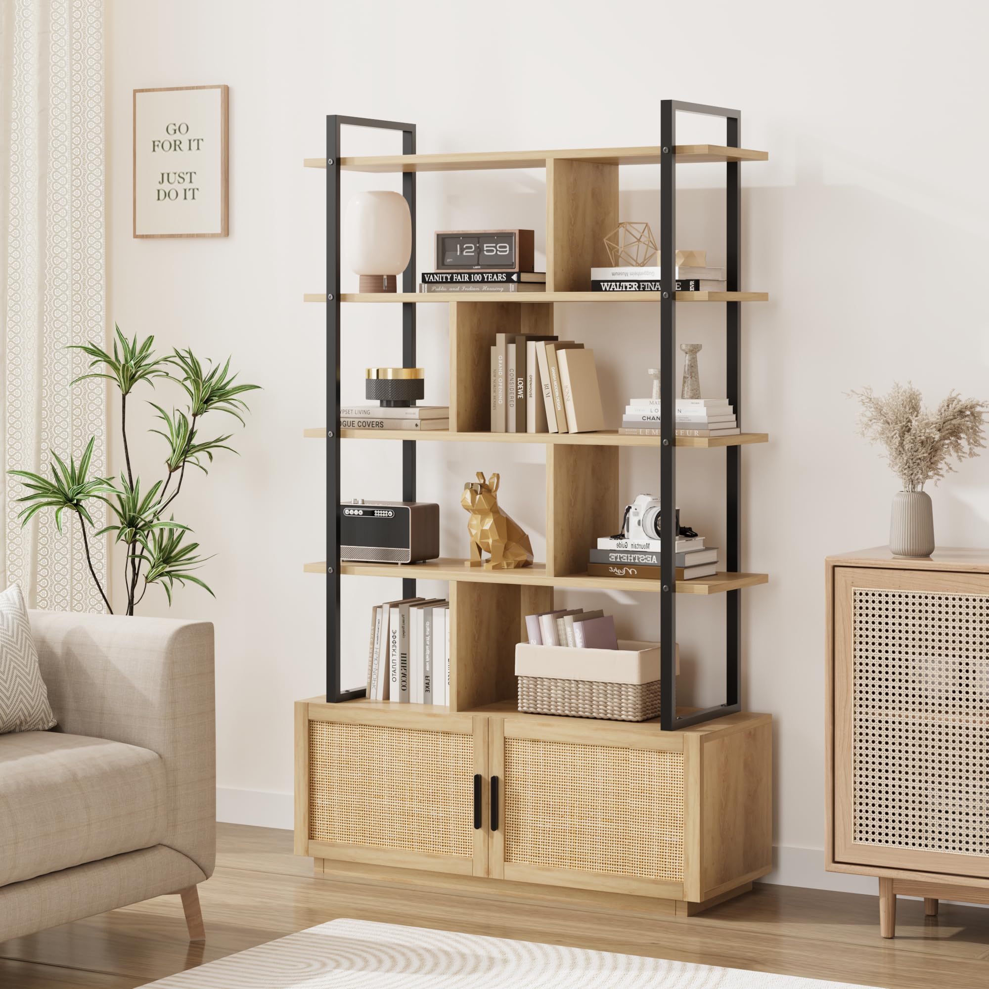 IDEALHOUSE 5 Tier Rattan Bookshelf with Storage Cabinet & Door, 71.1 Inch Tall Industrial Book Shelf with Open Display Shelves, 5 Shelf Bookcase with Metal Frame for Living Room, Bedroom -Burlywood