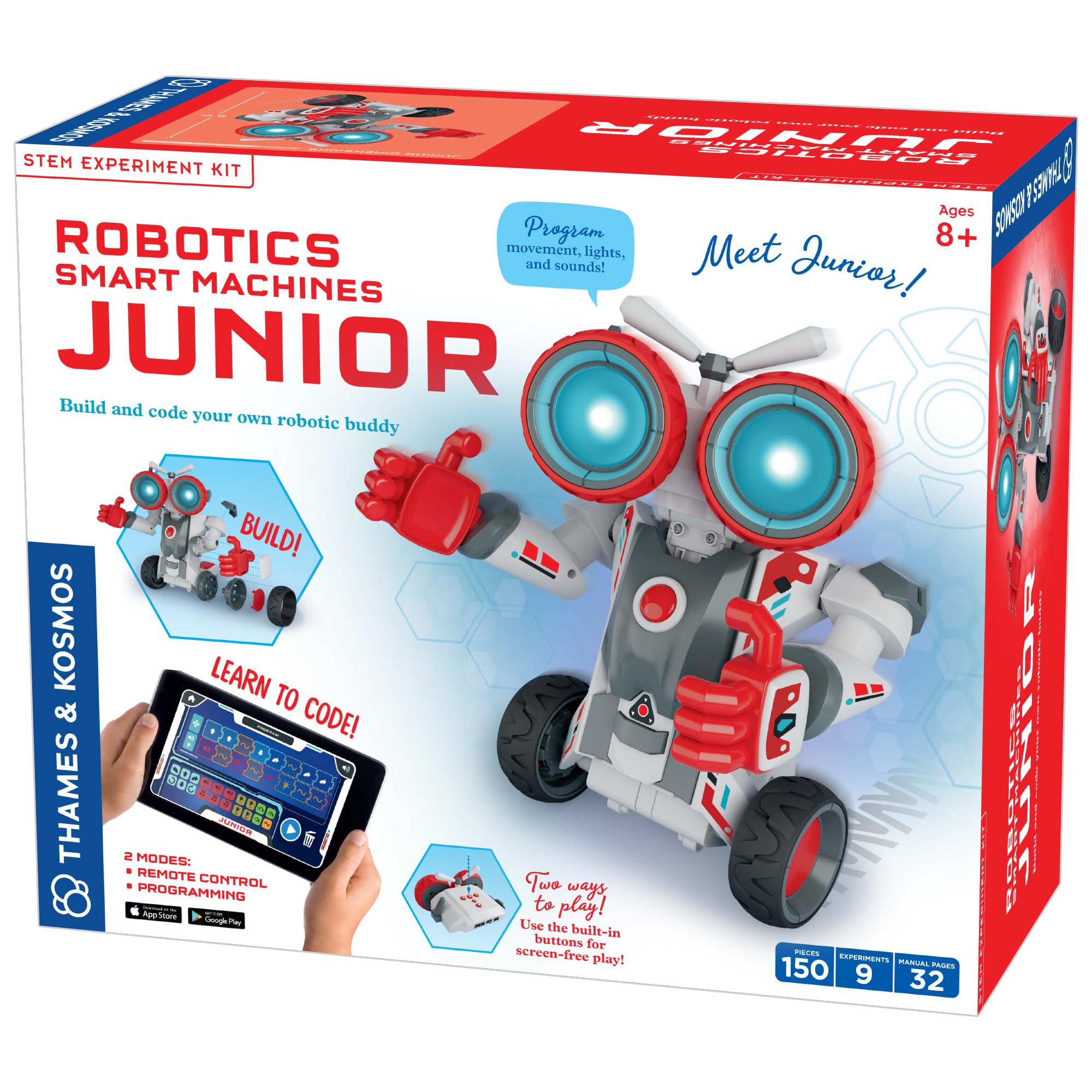 Thames & Kosmos Robotics Smart Machines Junior STEM Kit, Build & Code Your Robot’s Movements, Speed, Lights & Sounds, for Ages 8+, Use Screen-Free w/Built-in Buttons or via Block-Based Coding App