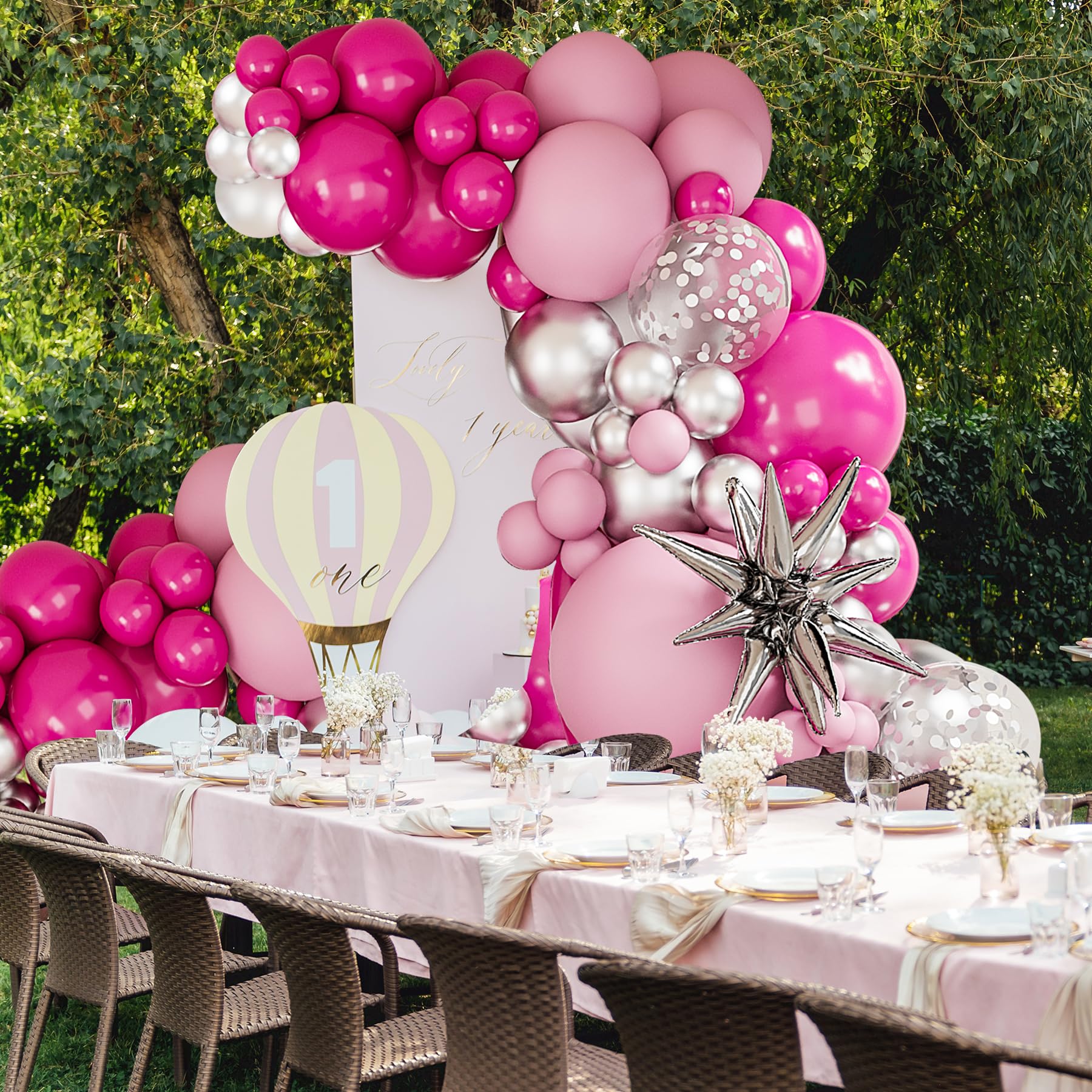 Deiiom Hot Pink Silver Balloons Arch Garland Kit-Macaron Pink Balloon Hot Pink Explosion Star Foil Balloon 151Pcs for Princess Birthday,Graduation,Bachelorette,Baby Shower,Christmas Party Decorations.