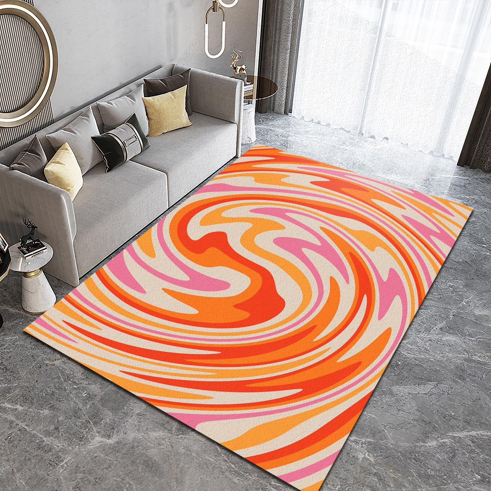 Abstract Colorful Tie-Dyed Washable Area Rug, Red Orange Pink Indoor Rugs, Non Slip Thin Soft Easy Clean Mat for Living Room Bedroom Hallway Entryway Kitchen Office 5x6ft