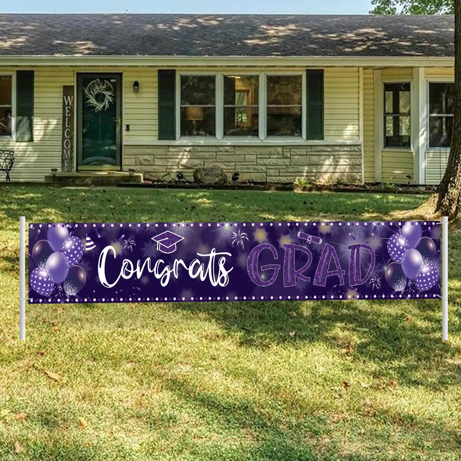 2024 Graduation Decorations Congrats Grad Banner 9.84x1.64ft Class of 2024 Graduation Backdrop Yard Sign for School College Indoor Outdoor Graduation Party Supplies (Purple)