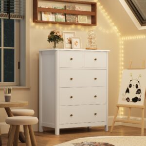 HOUSUIT White Dresser with 5 Drawers, Tall Dresser Chest of Drawers, 5 Drawer Dresser with Deep Space, Wood Dresser Storage Cabinet for Living Room, Hallway, Office, White