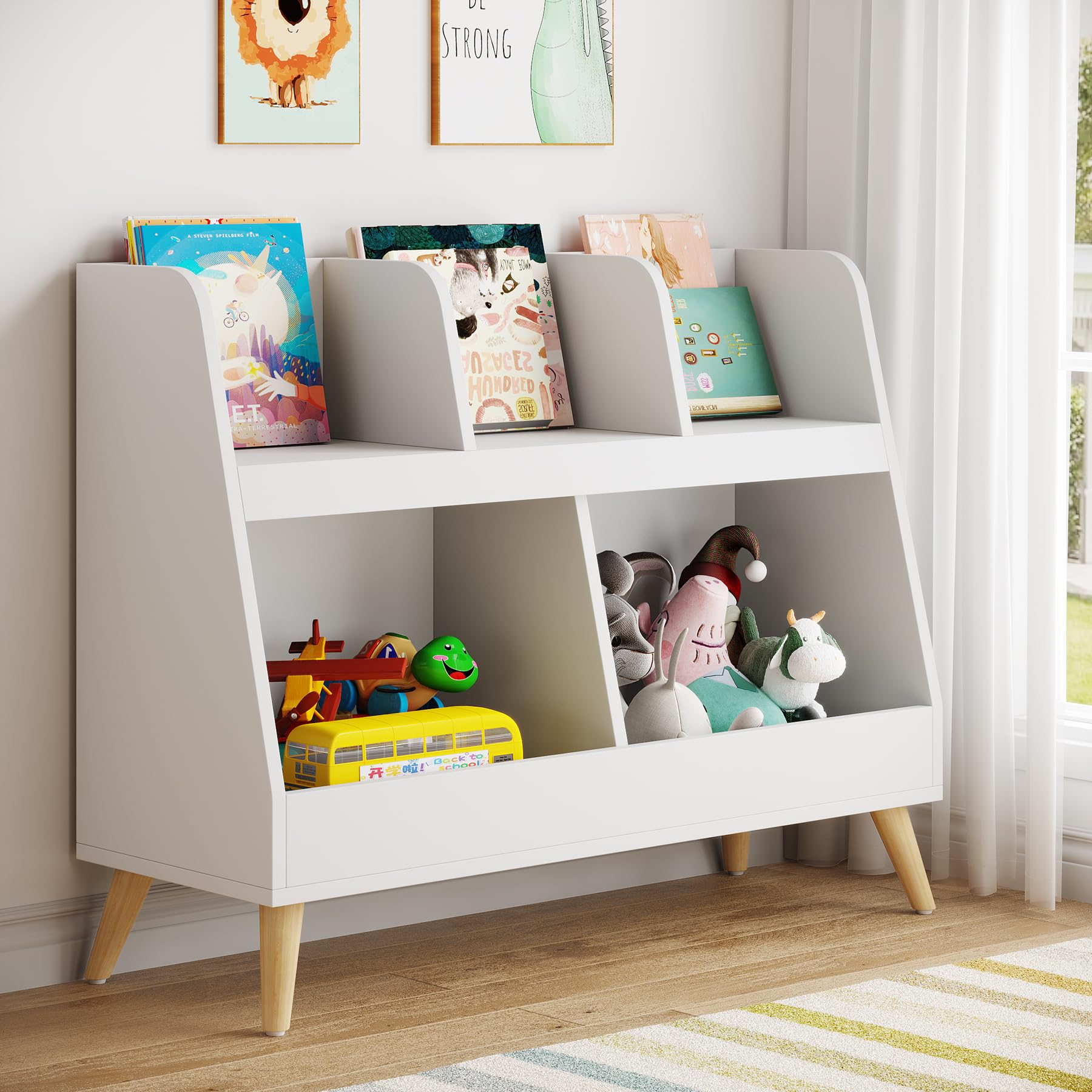 VANOMi Kids Bookshelf, 5 Cubbies Wooden Open Toy Storage Organizer, 2 Tier Baby Bookcase with Legs, Free Standing Small Bookshelf for Nursery, Playroom, Bedroom and Classroom (White)