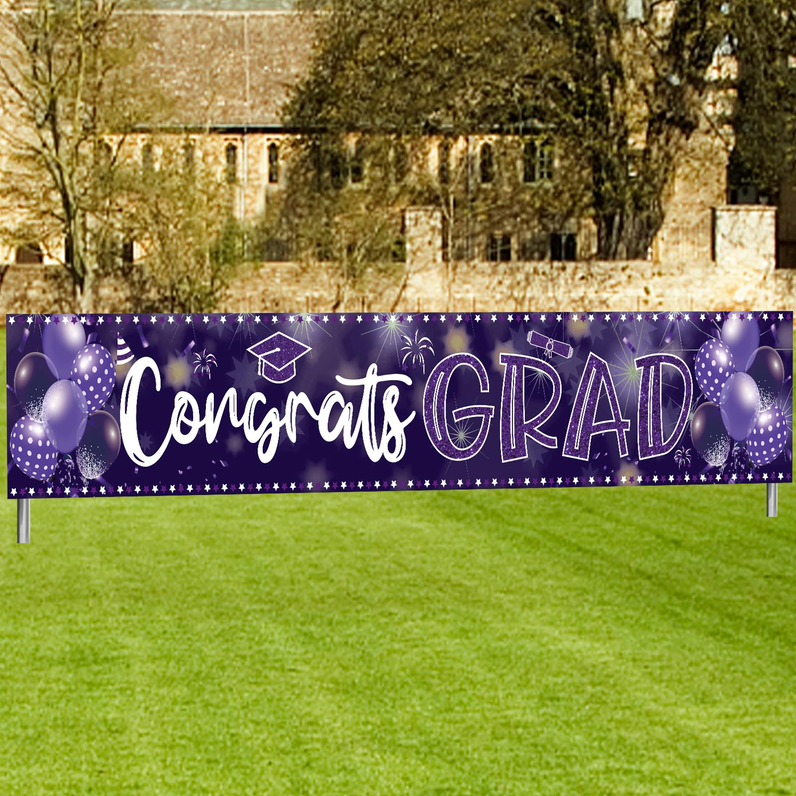 2024 Graduation Decorations Congrats Grad Banner 9.84x1.64ft Class of 2024 Graduation Backdrop Yard Sign for School College Indoor Outdoor Graduation Party Supplies (Purple)