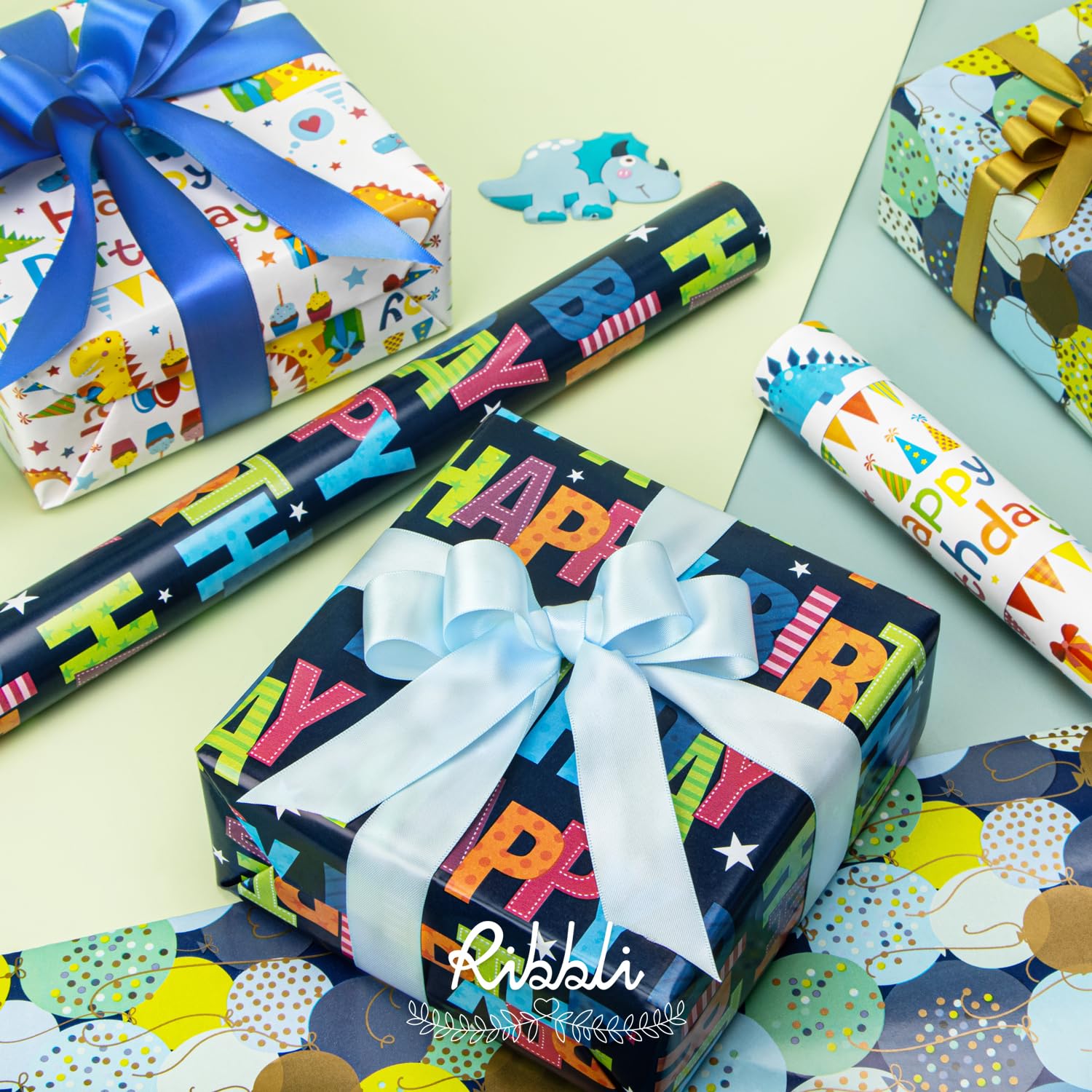 Ribbli Dinosaur Birthday Wrapping Paper 3 Rolls Happy Birthday Dinosaur Balloon Printed Wrapping Paper for Boys- Mini Roll 17 inch x 120 inch(10feet) Per Roll