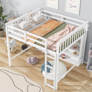 Harper & Bright Designs Full Size Loft Bed with Storage, Wooden Loft Bed Frame with 8 Open Storage Shelves and Built-in Ladder, White