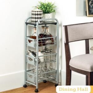 Slim Rolling Storage Cart Small Narrow Kitchen Metal Storage Cart with Lockable Wheels Slim Laundry Bathroom Storage Cart with Wooden Top for Kitchen Laundry Narrow Places with Pull-Out Basket Grey