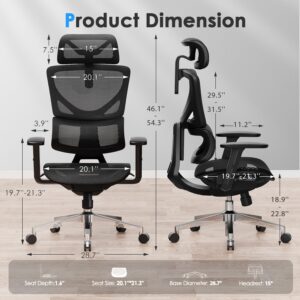 CabeVibe Ergonomic Mesh Office Chair - 6‘6“ Big & Tall Home Office Desk Chairs Seat Depth Adjustable with Lumbar Support - Back Height Adjustable Computer Task Chair with Headrest (Ergo Upgrade 518)