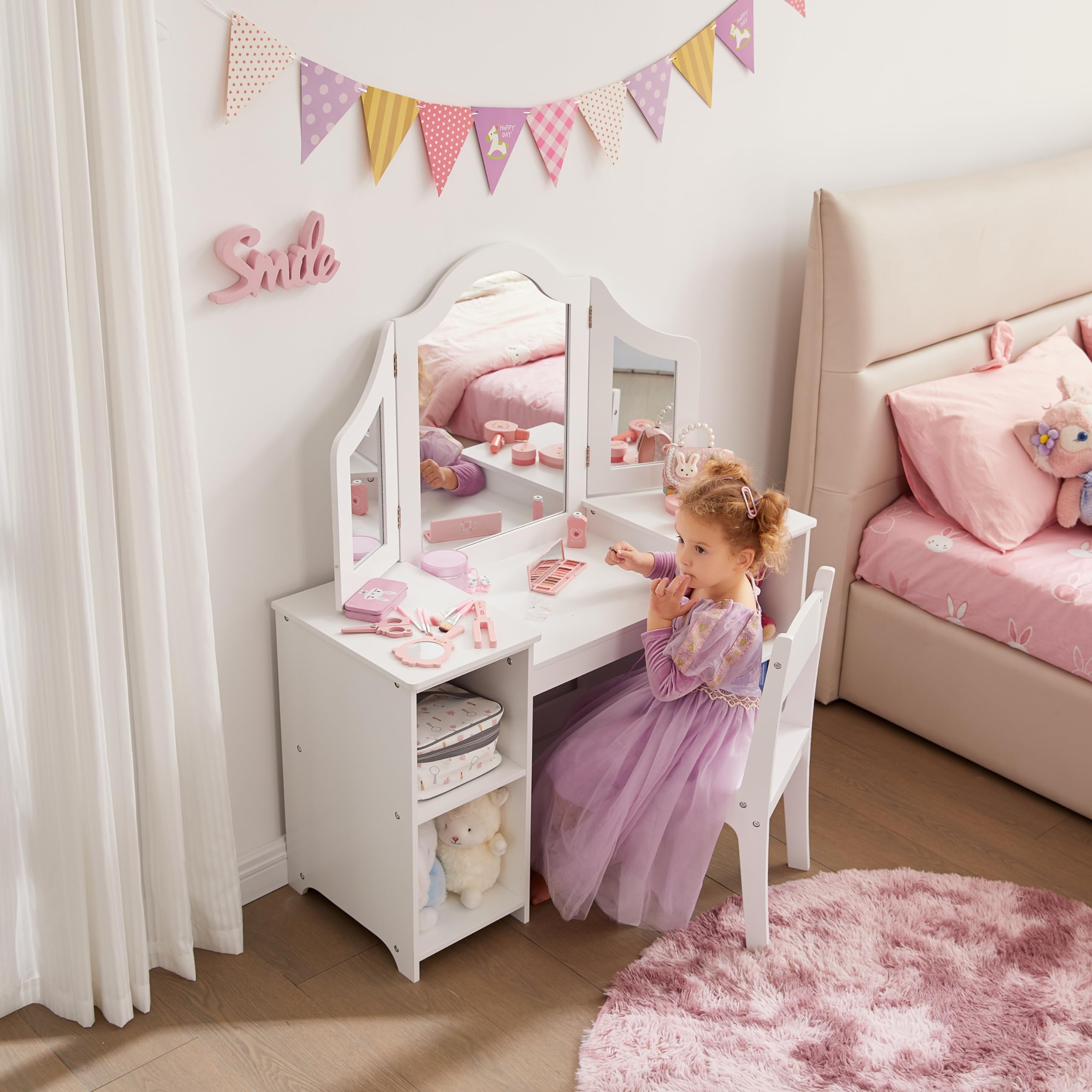 2 in 1 Kids Vanity Set, Princess Makeup Table and Chair with Open Storage Cabinet, Pretend Play Vanity with Detachable Tri-fold Mirror for Little Girls Age 3-9 (White with Chair)