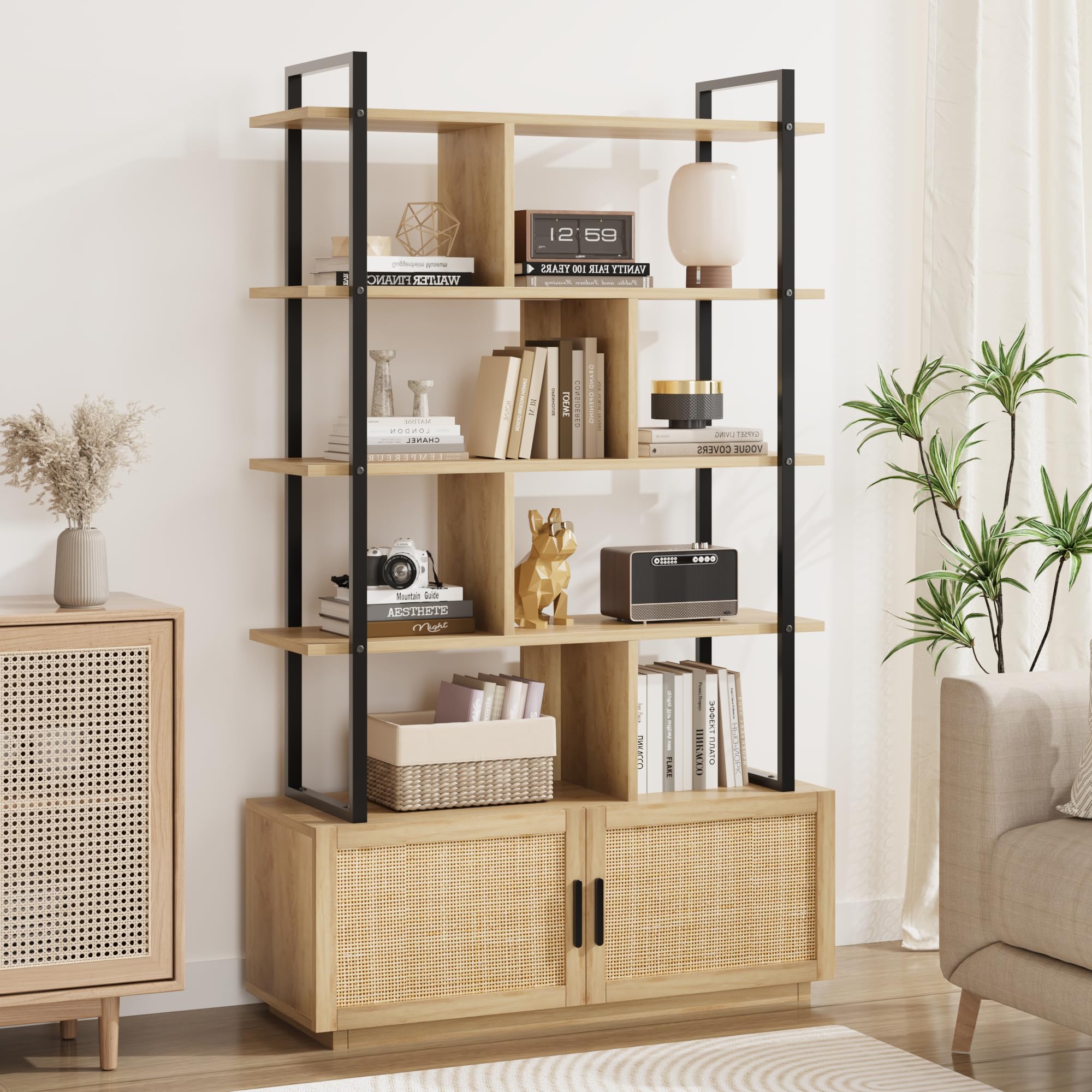 IDEALHOUSE 5 Tier Rattan Bookshelf with Storage Cabinet & Door, 71.1 Inch Tall Industrial Book Shelf with Open Display Shelves, 5 Shelf Bookcase with Metal Frame for Living Room, Bedroom -Burlywood