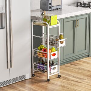 Slim Rolling Storage Cart Small Narrow Kitchen Metal Storage Cart with Lockable Wheels Slim Laundry Bathroom Storage Cart with Wooden Top for Kitchen Laundry Narrow Places with Pull-Out Basket Grey