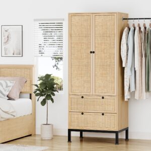 brafab 74" natural rattan woven wardrobe armoire closet with hanging rod, natural wooden armoires storage cabinet with large drawers and adjustable shelves, tall freestanding wooden closet for bedroom