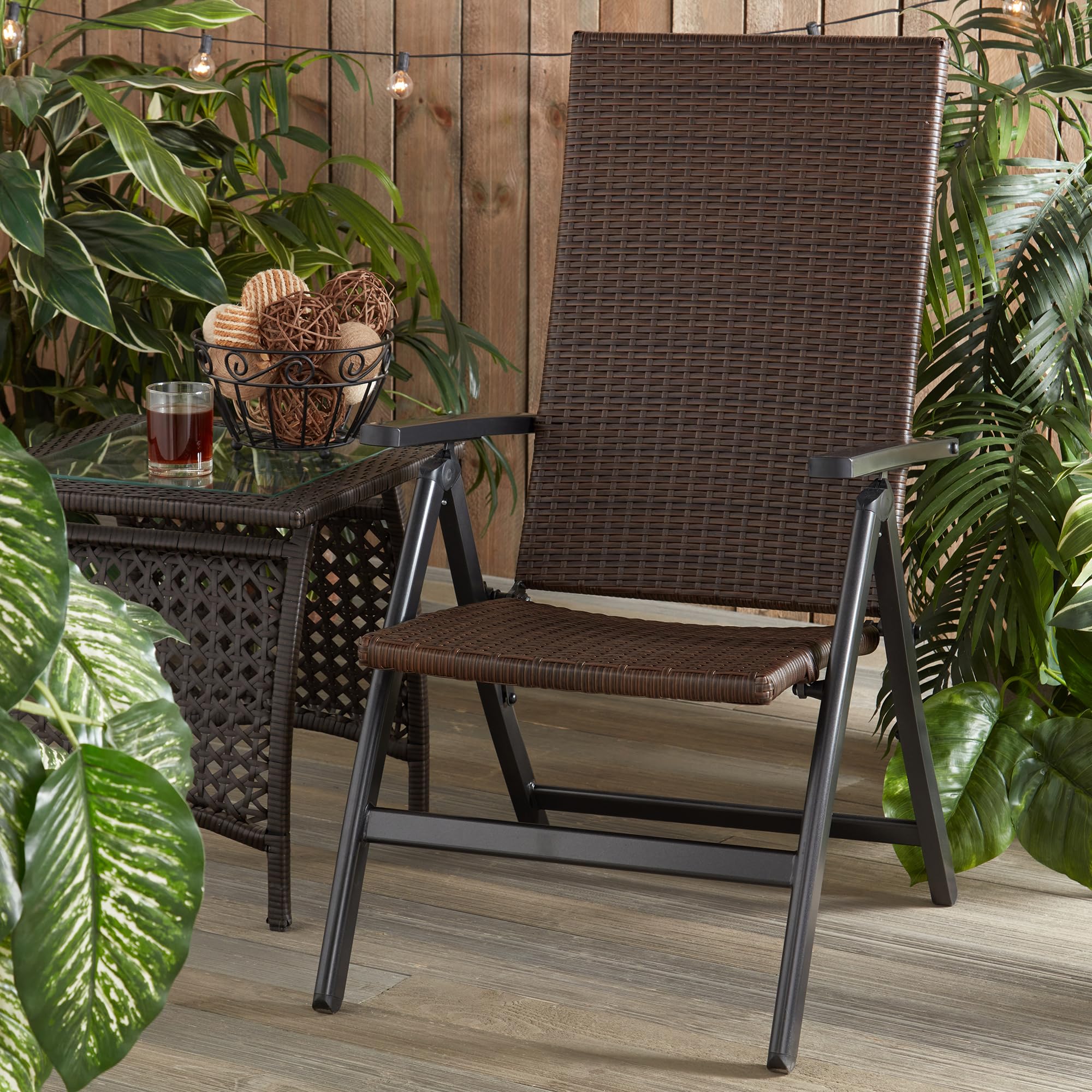 Greendale Home Fashions Outdoor Reclining Brown PE Wicker Folding Chair, No Cushion