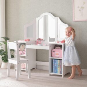 2 in 1 kids vanity set, princess makeup table and chair with open storage cabinet, pretend play vanity with detachable tri-fold mirror for little girls age 3-9 (white with chair)