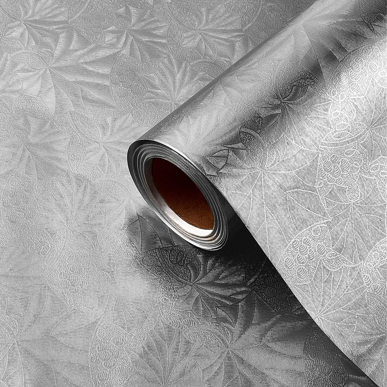 Jecery Embossed Floral Foil Paper Metallic Wrapping Paper Colored Foil Sheets for Crafts Scrapbook Florist Cake Board Cake Drums Christmas Party Gift Wrapping, 15.7 Inch 46 ft(Silver)