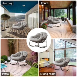 Large Indoor Outdoor Rocking Chair, Oversized Rocking Papasan Chair with Thick Cushion and Frame Outdoor Rocker, Comfy Wicker Egg Chairs Lounge for Outside Porch Patio Backyard Balcony (Beige)