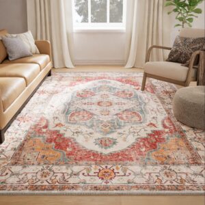 releany 5x7 area rugs machine washable 5x7 rug low pile carpet no shedding area rugs for living room bedroom dining room kitchen entrance indoor-brick/pink