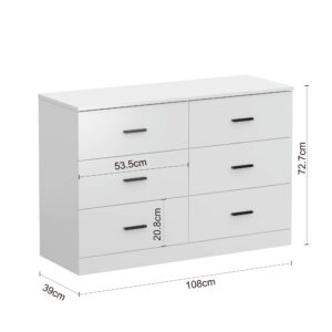 Modern 6 Drawer Dresser for Bedroom, Wood Wide Chest of Drawers Floor Storage Lateral Drawer Cabinet Organizer with Metal Handles for Home Office (White)