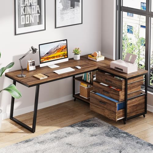 LITTLE TREE Reversible 53-inch L Shaped Desk with 3 Drawer, Farmhouse Corner Desk Gaming Table with Shelves and File Cabinet for Letter Size & Legal Size File for Home Office and Small Space, Brown