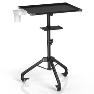 zhooge salon tray cart on wheels with stand rack tray, premium iron alloy tattoo tray height adjustable salon service tray with 360 degree mute universal tricycle for tattoo work, spa and dental tray